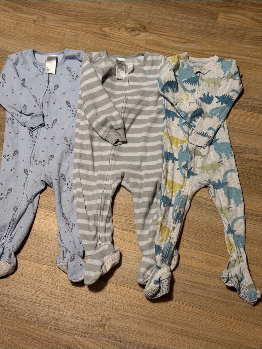 2 Gerber Fleece and 1 Cotton Dino and Stripe One-Piece Footie Pjs Bundle
